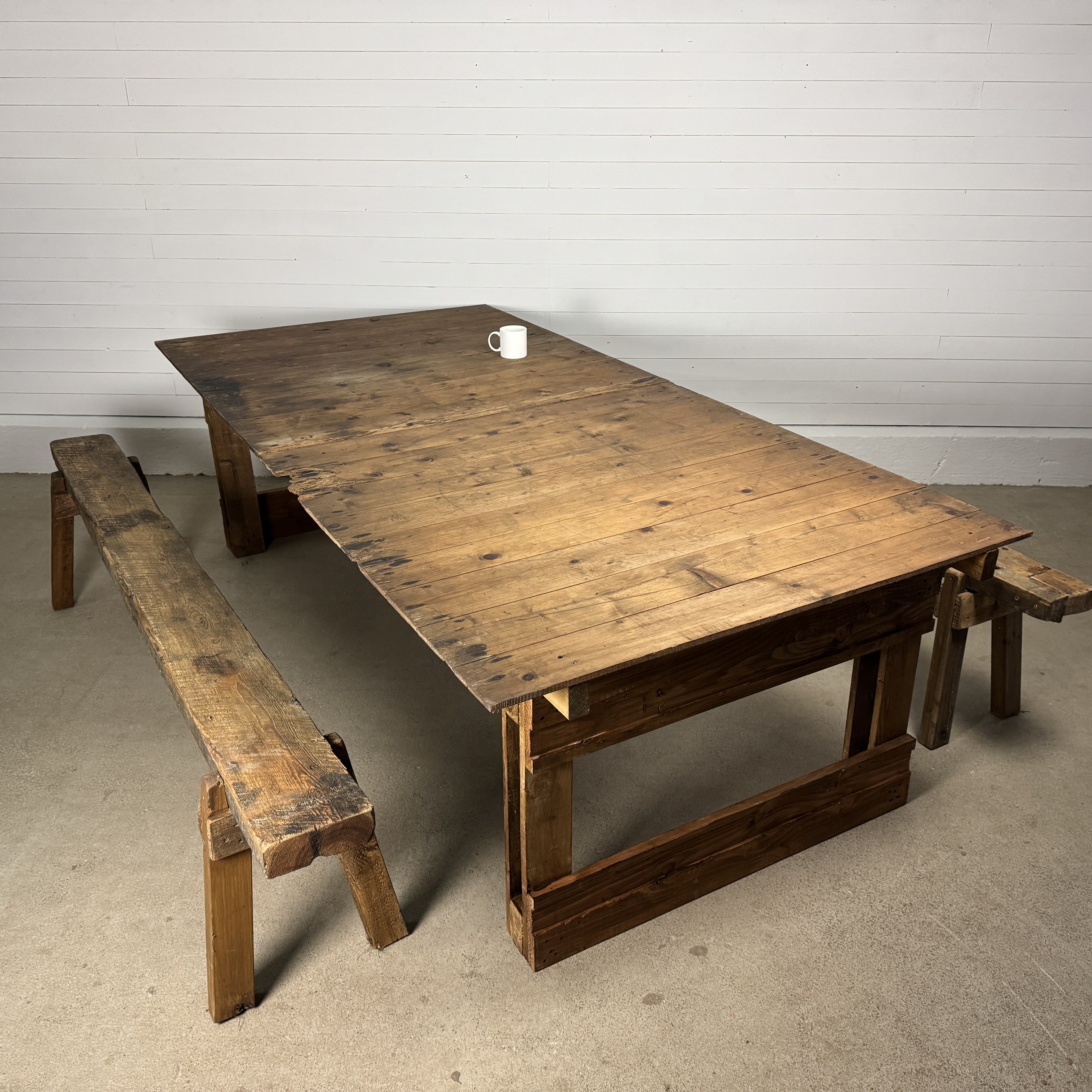 Large Vintage Pine Table and Two Bench Seats